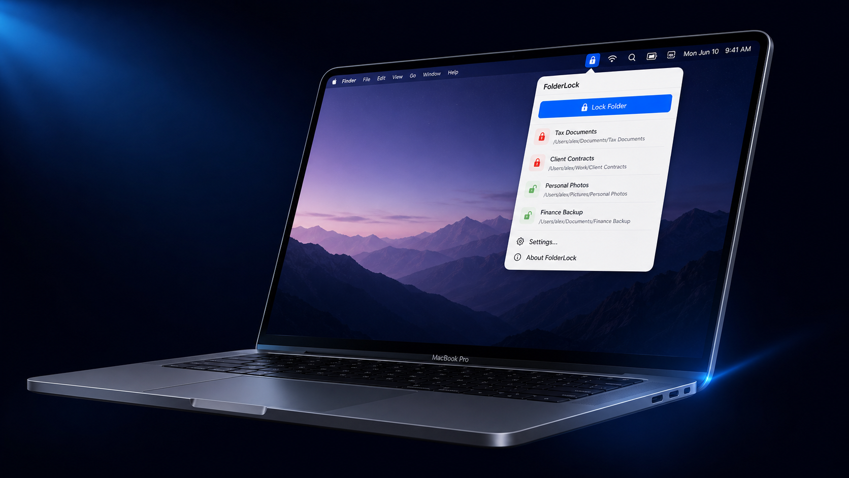 FolderLock app running on macOS — menu bar popover showing locked folders